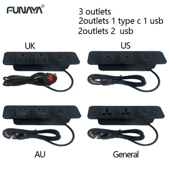 Table Hidden power Sockets EU/UK/US/AU 3 Outlet 2 USB Embedded Power Bedside Table Row Office Desktop 10A 110V 220V Black Socket 1