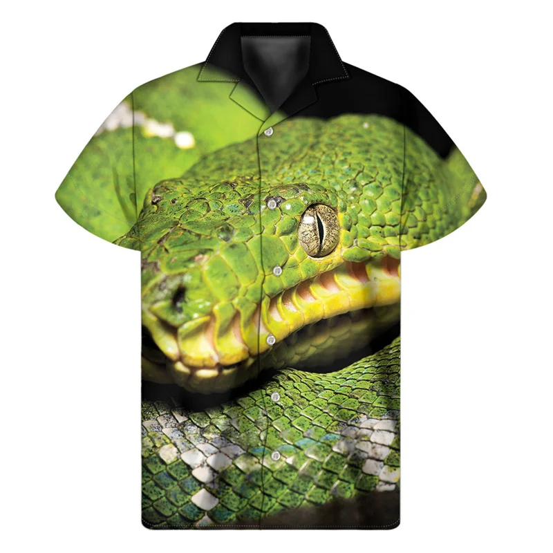 thumbnail image 1 of Camisas hawaianas con estampado 3D de serpiente para hombre, camisas de verano con solapa y botones, holgadas y con personalidad, de manga corta, 1 of 5