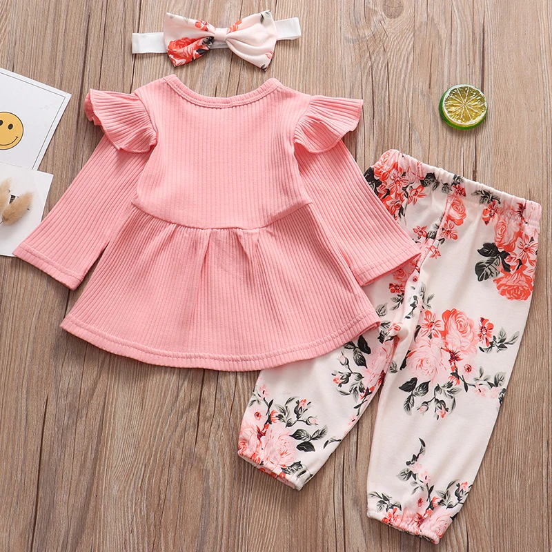 Spring Newborn Baby Girl Clothes Set Cute Pink Color Long Sleevs Tops Flower Pants Headband 0-24M 3Pcs Infant Girl Clothing Suit - Image 2