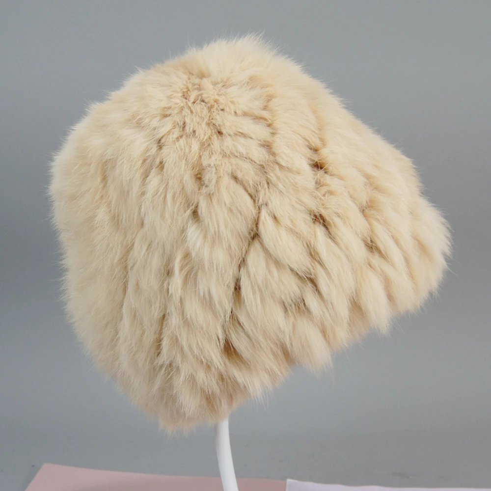 Russian Women Good Elastic Real Rabbit Fur Skully Hat Lady Winter Warm Knitted Genuine Rabbit Fur Hats Outdoor Fluffy Fur Caps 4
