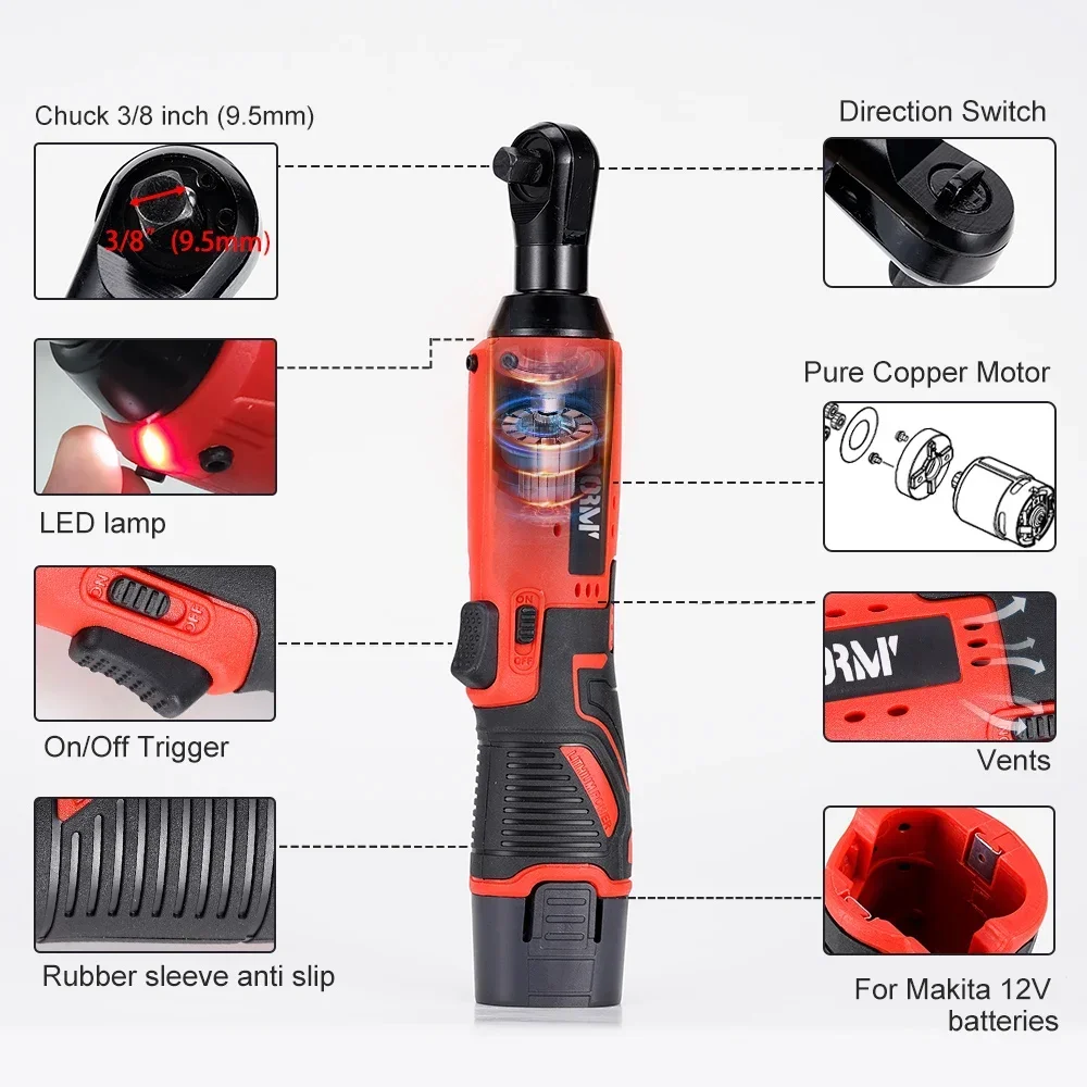 12V/18V Cordless Electric Screwdriver Wrench 3/8 Inch Right Angle Ratchet Wrench Impact Drill Removal Screw Nut Car Repair Tool 4