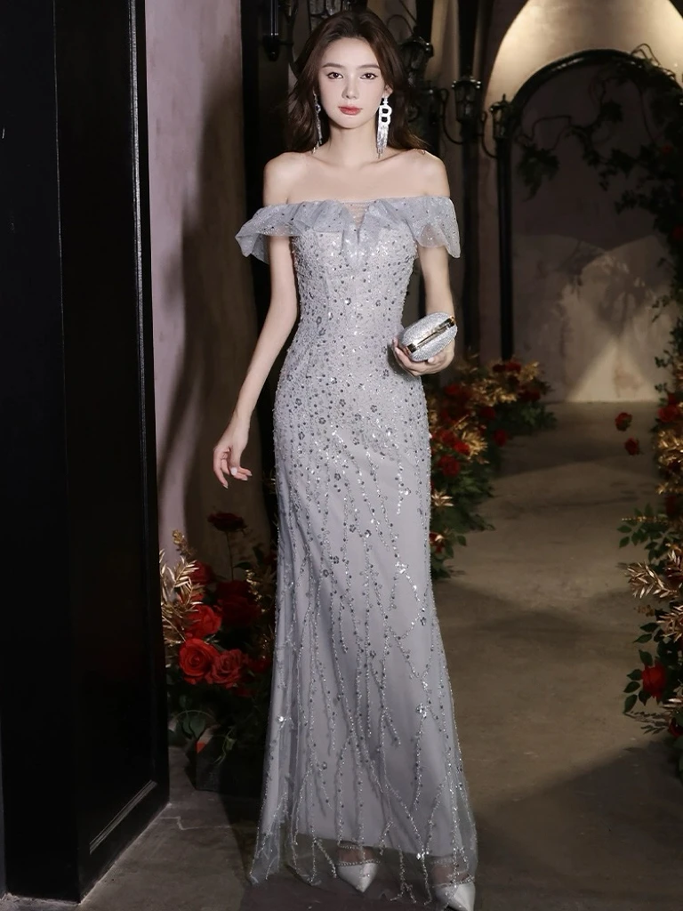 

Серое платье с блестками в стиле знаменитостей, платье-Русалка с вырезом лодочкой и открытыми плечами, вечернее платье на шнуровке для дня рождения, ежегодного собрания, проведения банкета