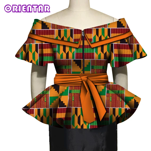 Blusa con estampado africano para mujer, de algodón con cuello oblicuo, cinturón cintura, ropa africana, Tops africanos de moda - AliExpress