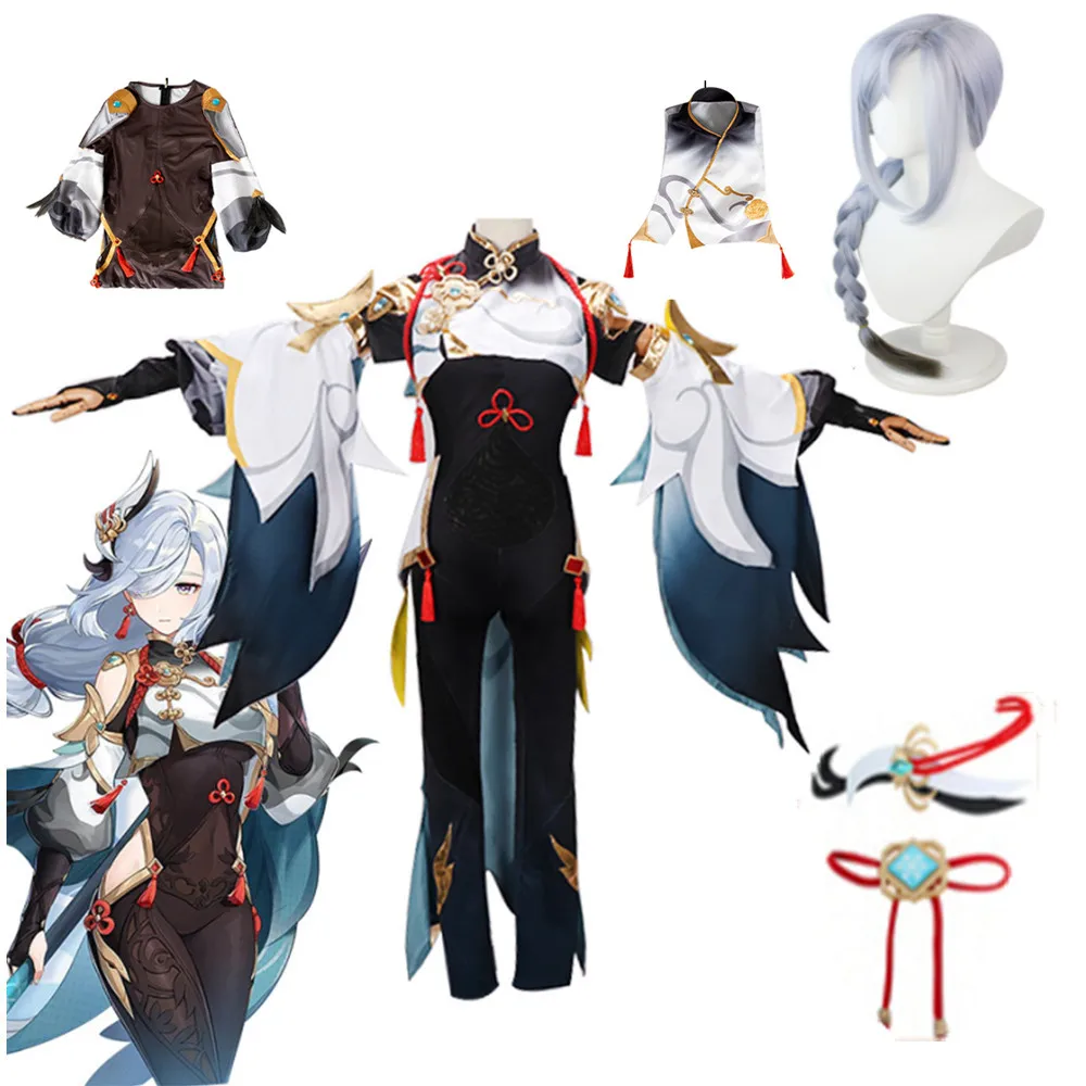 

Genshin Impact Shenhe Cosplay Costume Shenhe Jumpsuit Wig Shen He Genshin Battle Suits for Cosplay Anime