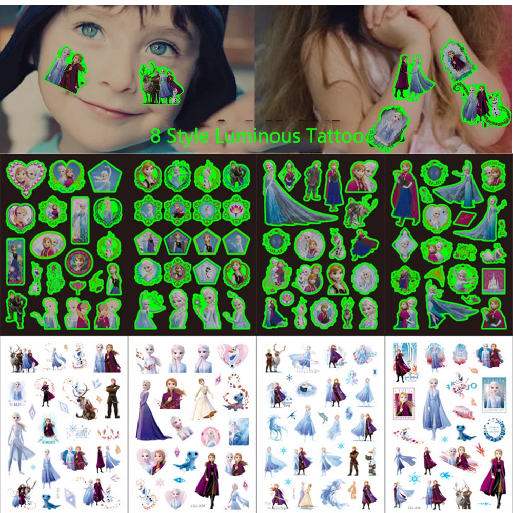 

Luminous Waterproof Temporary Tattoo Stickers Disney Princess Snow White Frozen Cartoon Decal Cute Arm Face Body Art Fake Tattoo