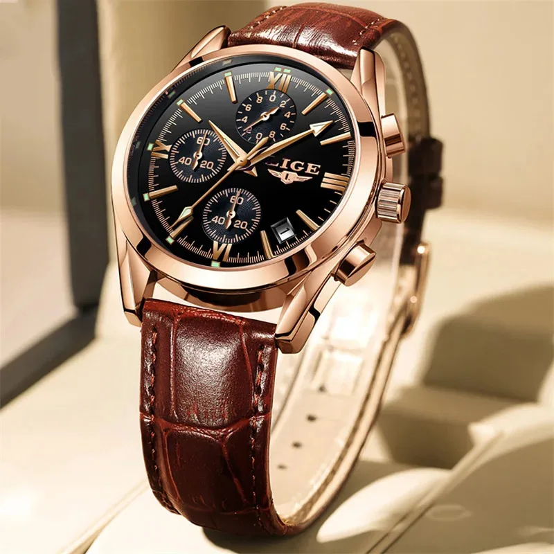 LIGE Luxury Men's Waterproof Leather Chronograph Watch