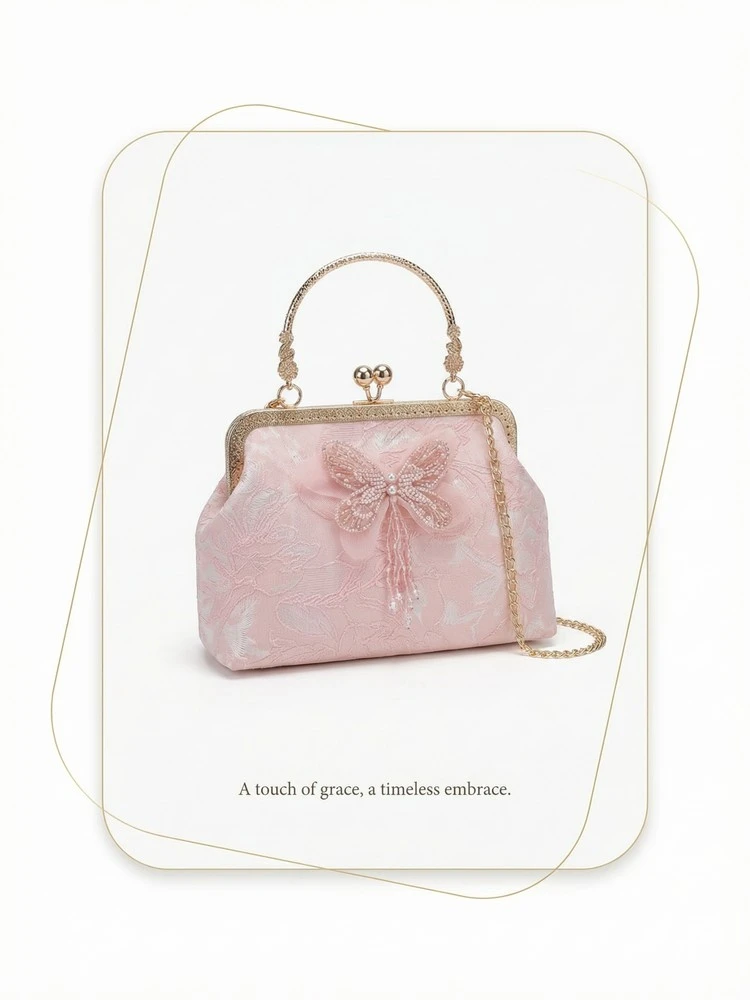 Chinese Style Butterfly Embroidery Clutch Vintage Lace Kiss Lock Handbag Elegant Evening Bag with Gold Chain for Women