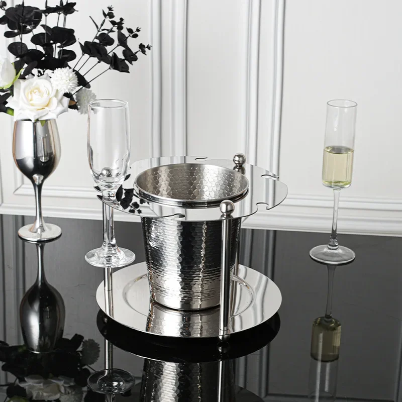 Stainless Steel Luxury Wine Glass and Ice Bucket Set, One-Piece Stand for Red Wine and Champagne, Elegant Home Bar Decor