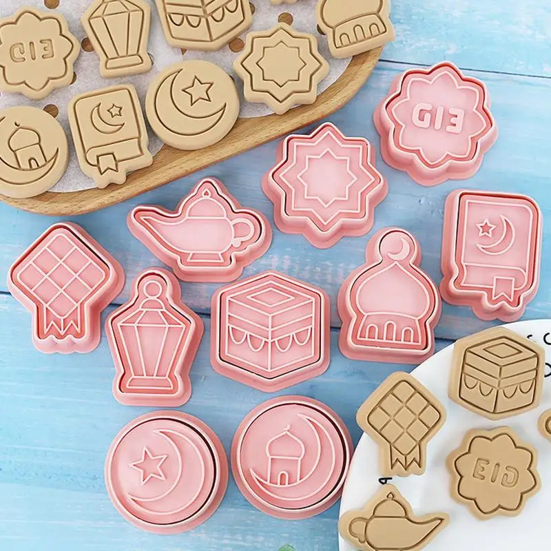 10 Pcs Eid Mubarak Cookie Cutters Food Grade Materials Moon Star Pressable Biscuits Mold Cookie Stamp Kitchen Baking Tool