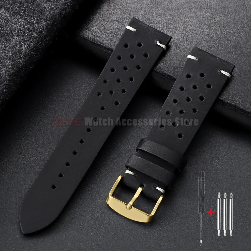Handcrafted Perforated Cowhide Leather Watch Strap - Breathable and Stylish Wristband