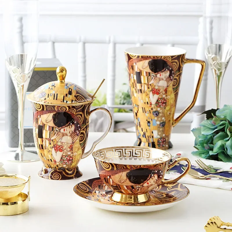 

Klimt Kiss Porcelian Mugs Coffee Cups With Spoon Gustav klimt Bone china Wedding Birthday Gifts Office Drinkware Home Decoration