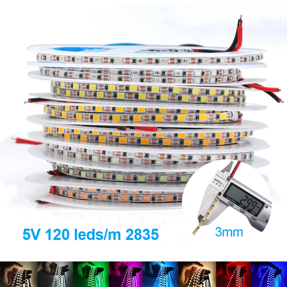 3mm Width LED Strip Ultra Thin 5V 2835 LED Tape for Home Decor 120Leds/m Cuttable Flexible LED Lights 5M 600LEDs Diode Backlight