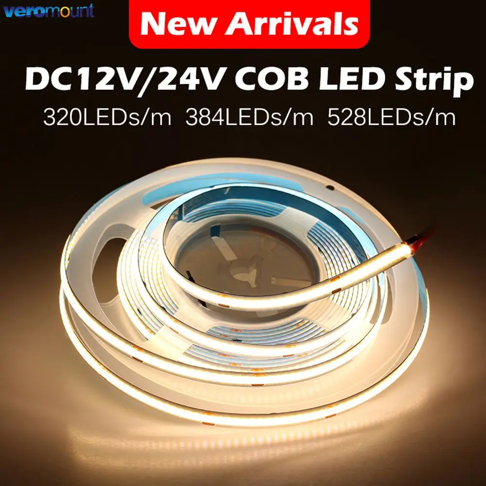 5m 12V 24V DC FOB COB LED Strip Flexible 3mm 5mm 8mm 10mm Width PCB High Bright Led Tape Light Bar 320 384 480 528 LEDs/m IP20