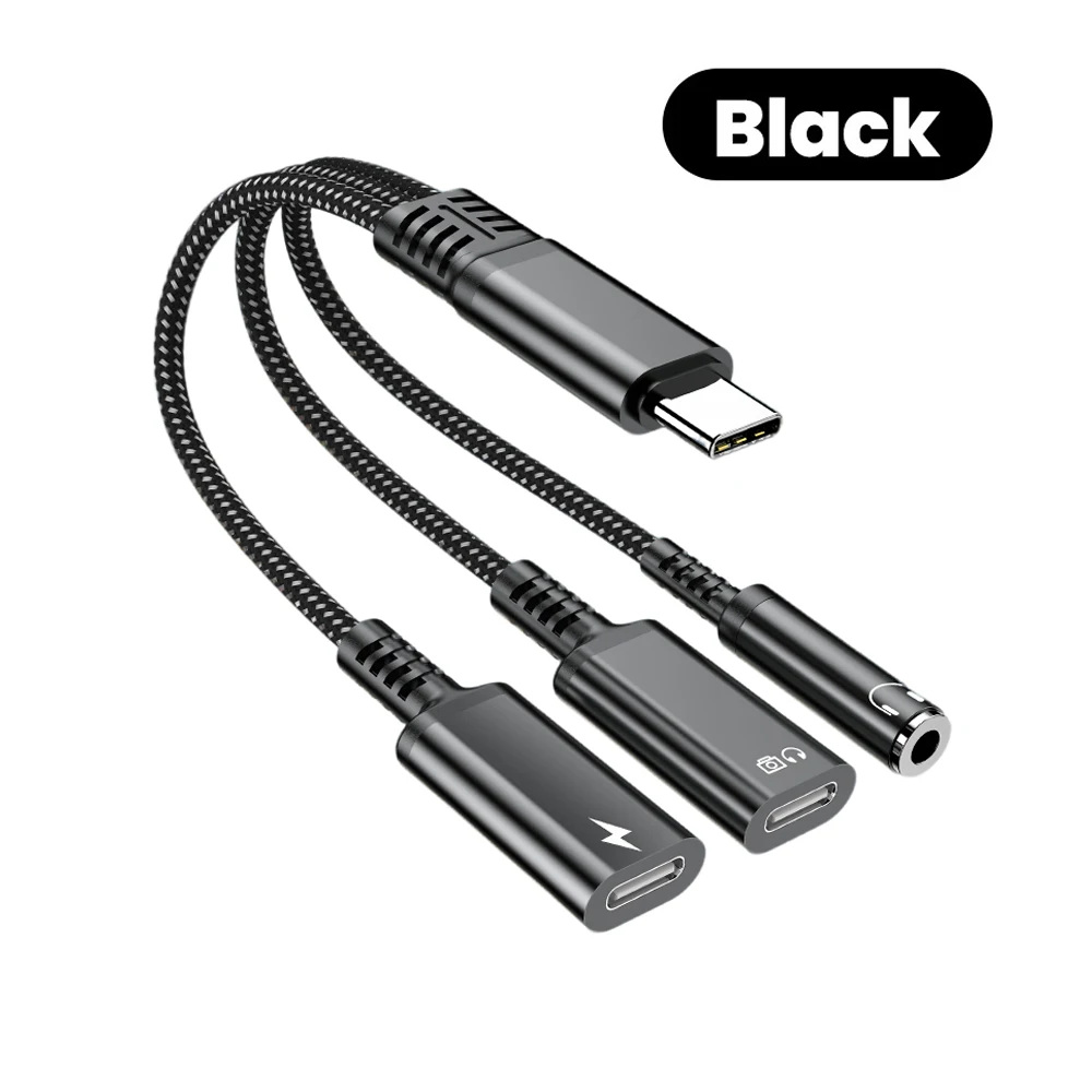 3 in 1 PD 60W USB C to 듀얼 타입 C 3.5mm AUX 오디오 어댑터 고속 충전 헤드폰 동글 (아이폰 16, 삼성 케이블 보호 기능 포함)