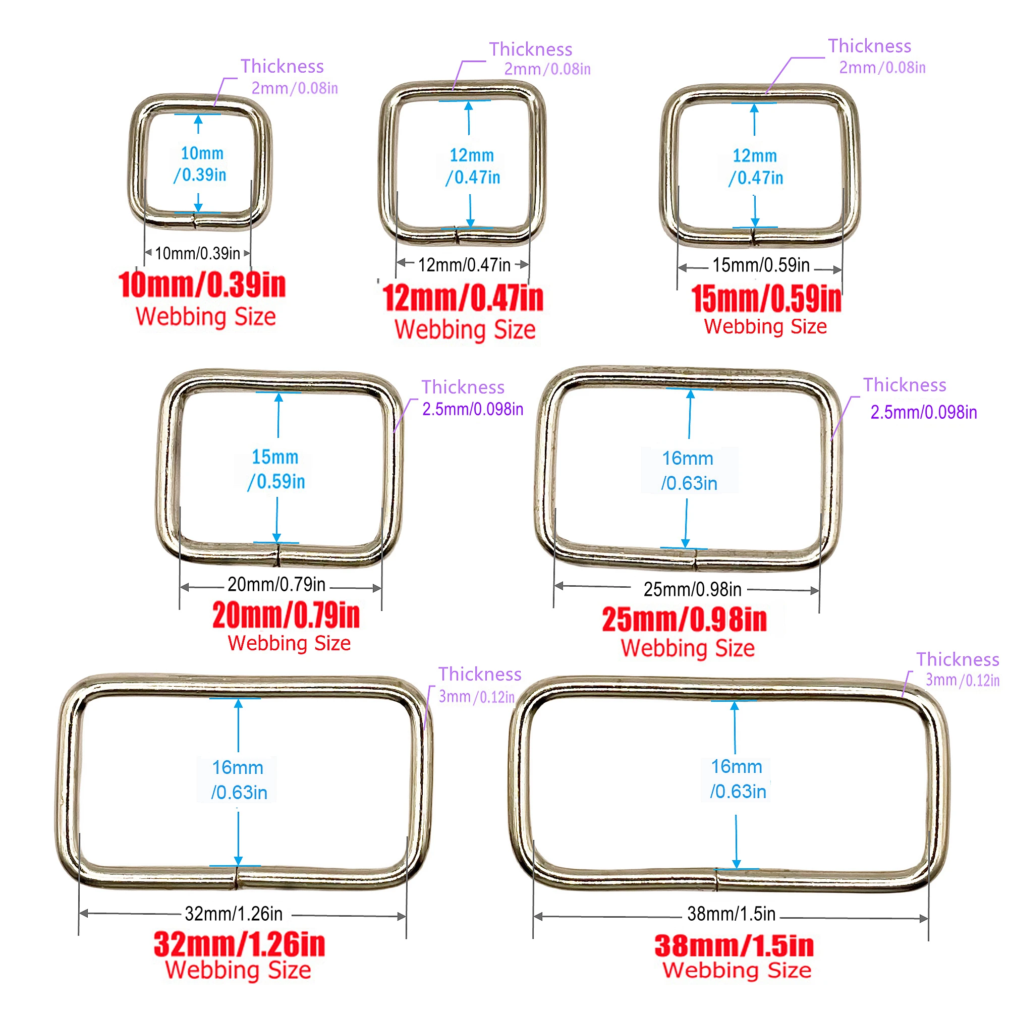 20 개/갑 10-38mm 금속 직사각형 링 버클 슬라이드 루프 링 벨트 배낭 스트랩 웨빙 가방 애완 동물 목걸이 DIY 액세서리