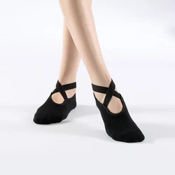 Women's Non-Slip Bandage Yoga and Pilates Socks, Cotton Grip Slipper for Dance, Ballet, Gym, and Workout (Type1-Black)