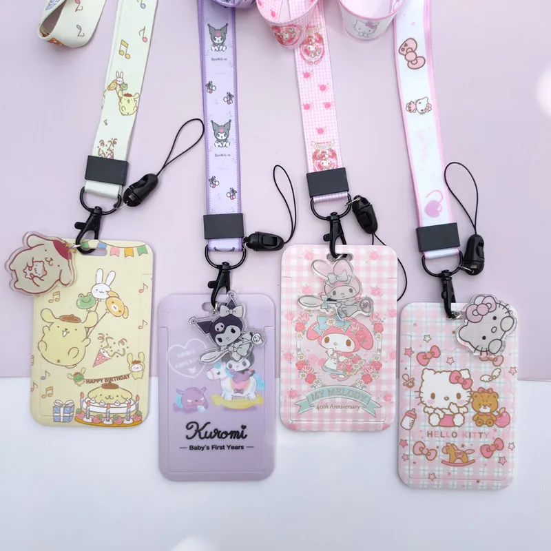 Sanrio Hello Kitty Kulomi Melody PVC Card Holder Documents Protective Case Student Campus Lanyard ID Hanging Neck Rope Anti-lost disney cartoon abs card cover mickey mouse minnie anti lost shell student outdoor hanging neck bag card holder lanyard id case