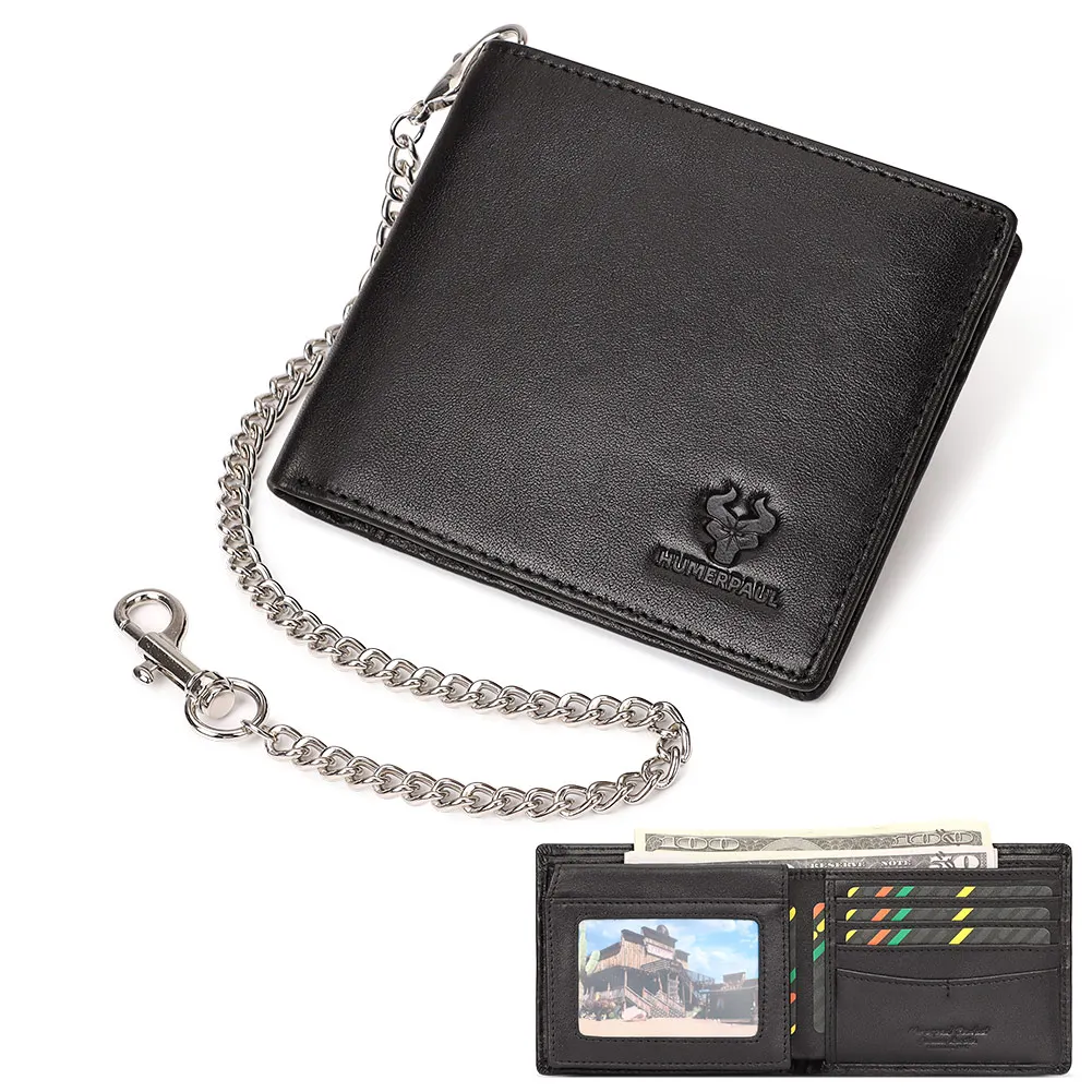 KAVIS 100% Genuine Leather Short Purse Business RFID Protect Credit Card Holder Clutch For Men With Anti-theft Chain Wallet 2