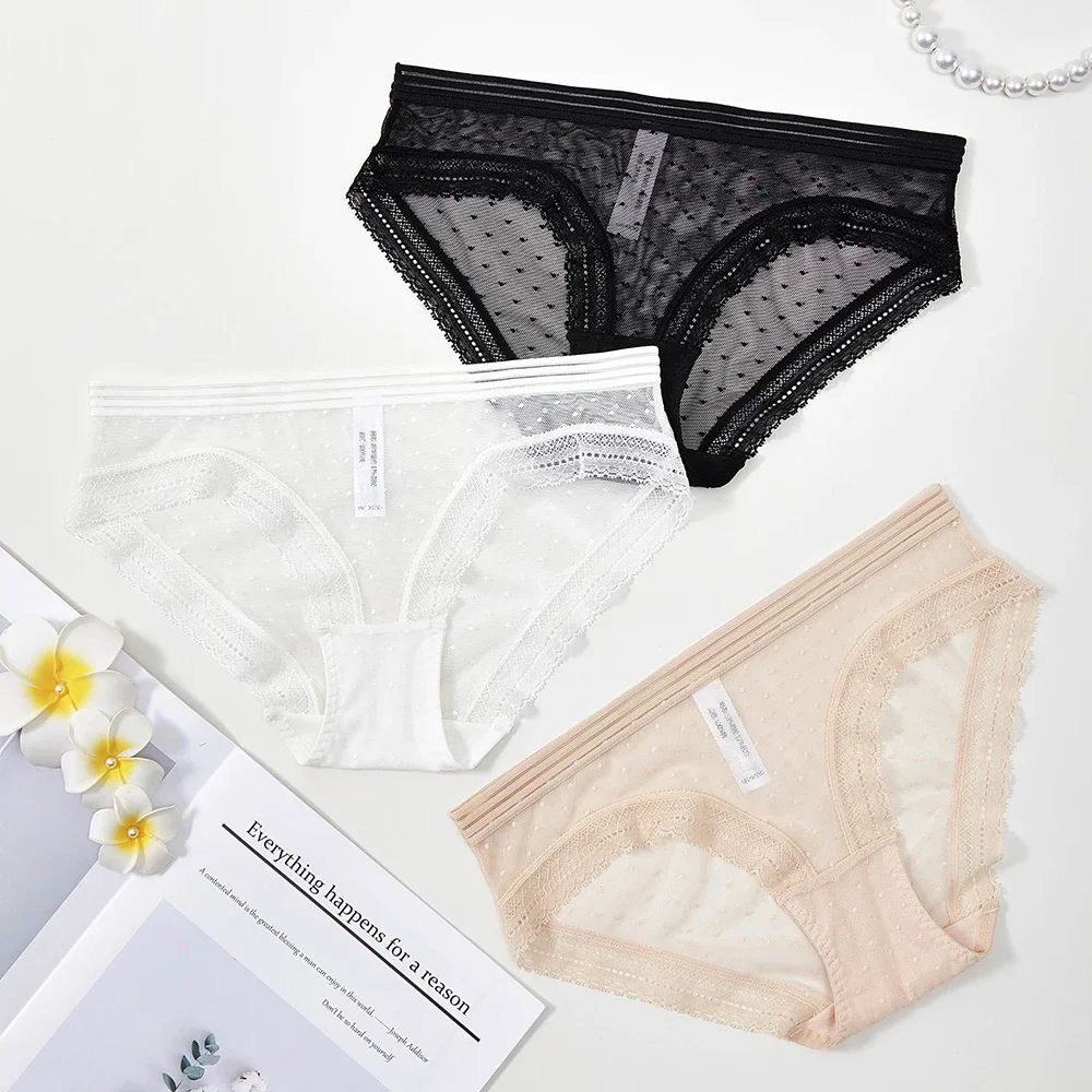 Mid Waist Sexy Panty for Women Transparent See Through Dot Lace Panties  Briefs Strings Underwear