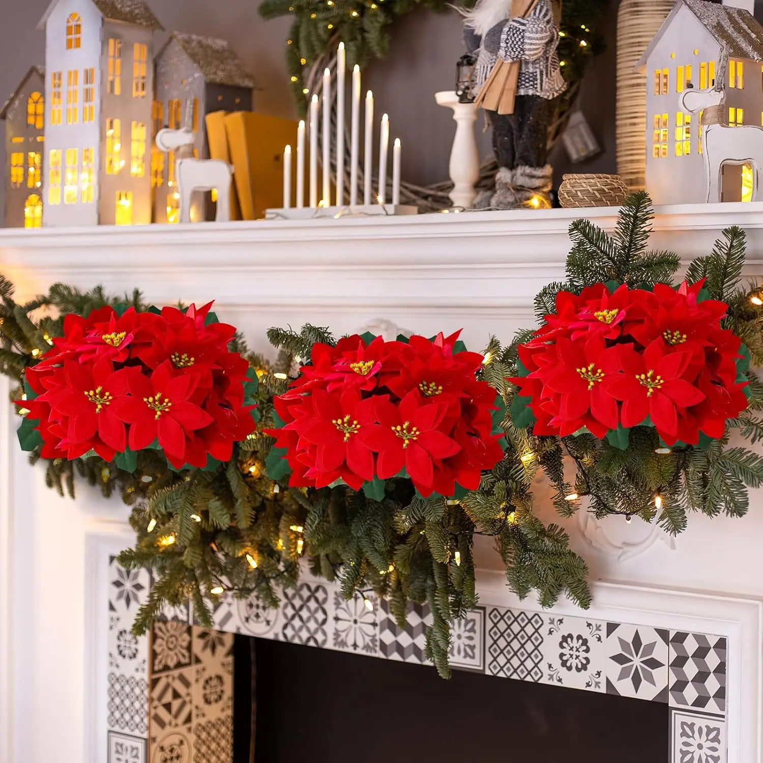 2 Stück künstlicher Weihnachtsstern-Blumenstrauß, 5 Köpfe, Weihnachtsstern-Busch, Weihnachtsblumen, Veranda, Hausgarten, drinnen und draußen, Weihnachtsdekorationen – Detail 5