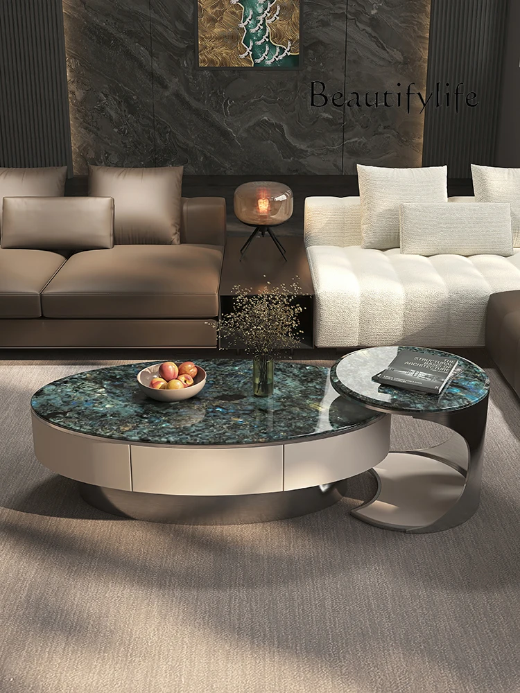 

Italian Style Light Luxury Oval Natural Marble Tea Table Combination Living Room Advanced Tea Table