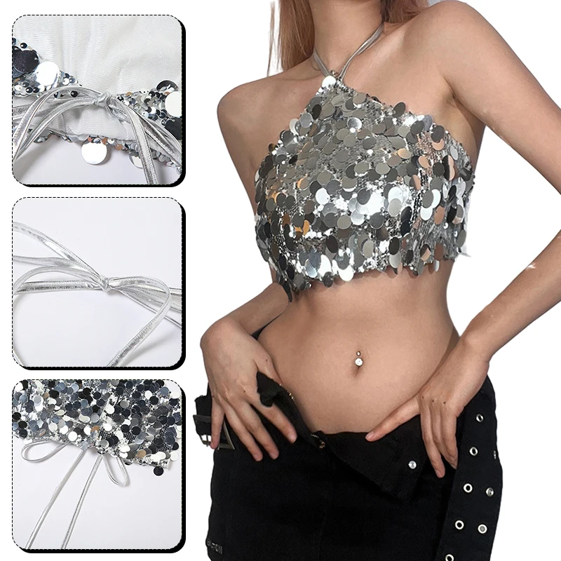 

Woman Silver Sequin Matte Trendy Design Crop Tops Sexy Avant-Garde High Street Personality Camisole Lady Lace-Up Vest