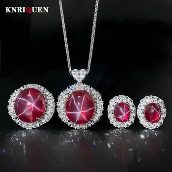 Women's Fine Jewelry Set Retro Lab Ruby Gemstone Necklace Pendant Ring Stud Earrings Wedding Party Accessories Anniversary Gift 1