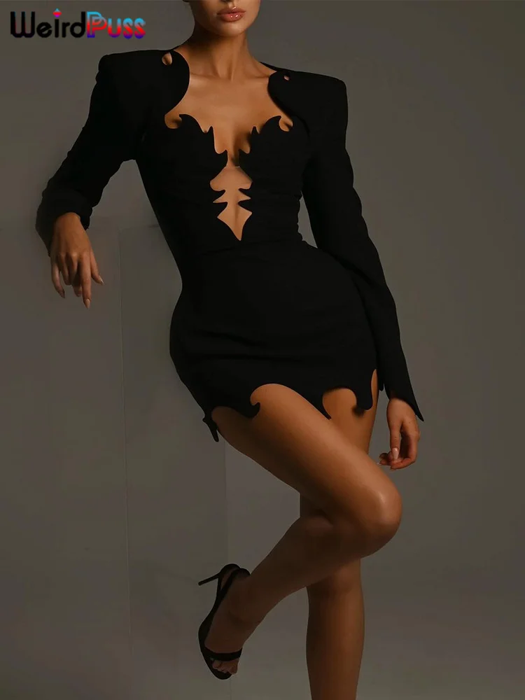 Weird Puss Flame Low-Neck Dress Women Mesh Patchwork Chic Hem Full Sleeve Hipster Elegant Banquet Party Clubwear Mini Bodycon 5