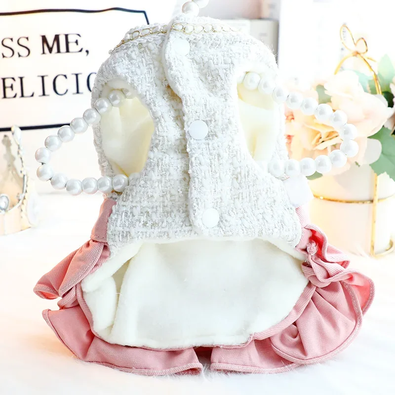 Luxury Winter Dogs Coat Princess Dog Dress Ins Elegant Dog Clothes for Small Dogs with Leash D-ring