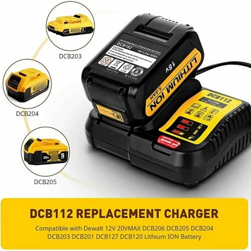 디월트용 리튬 배터리 충전기, DCB112 2A, 10.8V, 12V, 14.4V, 18V, 20V, DCB206, DCB205, DCB204, DCB203, DCB120,DCB107, DCB115, DCB1