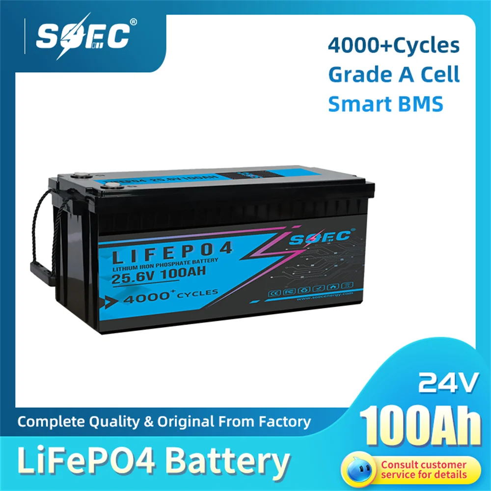 

New 24V 100Ah LiFePO4 Battery Pack Built-in 100A BMS SOEC 25.6V Lithium Iron Battery for RV Boats Home Energy Storage FREE TAX