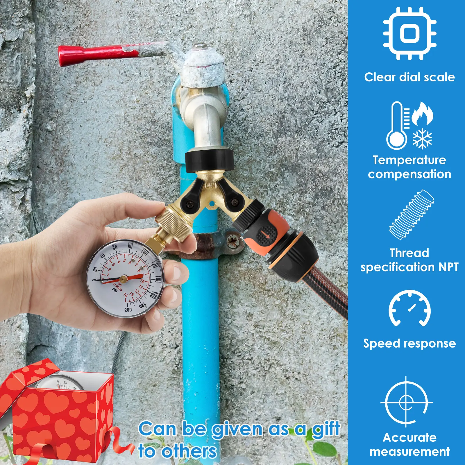 Pressure Gauge Water Pressure Test Gauge TS-60-200 PSI Water Pump for Hose Faucet Garden Hose Fluid Pressure Gauge