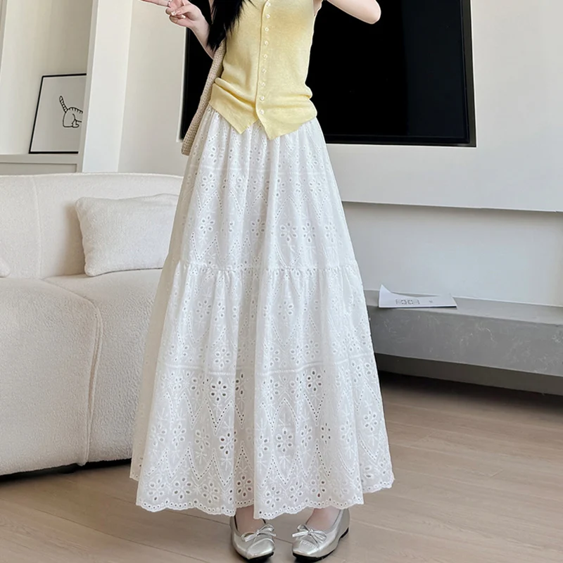 French Hollow Embroidery A Line Long Skirt Women Elegant High Waist White Cake Skirts Woman Slimming Pleated Midi Skirt Ladies