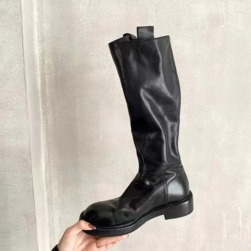 

Winter boots for women, retro washed leather high boots, slim mid-length boots, thick heel, thick sole knight boots