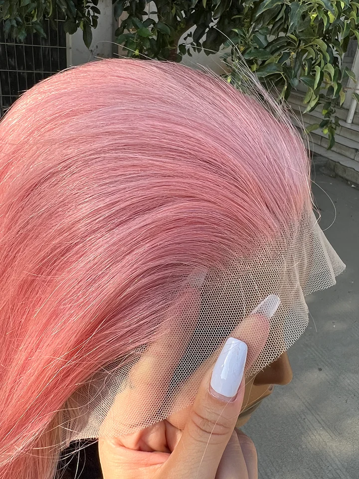 Rose Pink Short Bob Lace Front Human Hair Wig