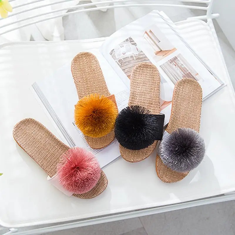 Linen Platform Slippers Women Home Hairball Designer Shoes Girls Fashion Casual House Elegant Slippers Flats Open Toe Indoor — view 3