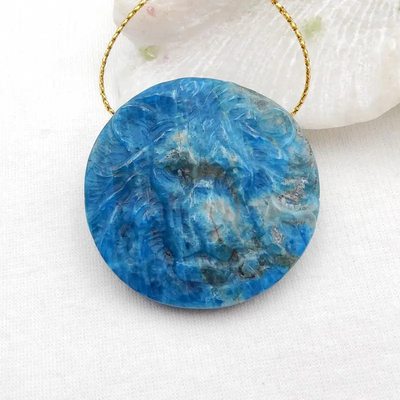 Natural Stone Blue Apatite Crystal Carved Lion Head Pendant Bead 46x9mm 40g Fashion Jewelry Necklace Accessories