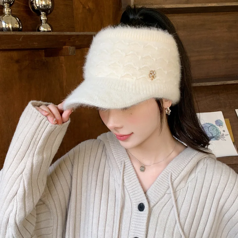 

Hat Women's Autumn Winter Empty Top Rabbit Hair Plush Warm Duck Tongue Hat Versatile Cold Resistant Knitted Cap Thick