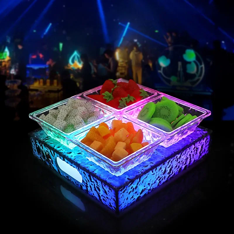 Acrylic Ice Grain Bar Party Fruit Dish LED Glowing Colorful Fruit PlateKTV Snack Plate Nightclub Square Food Plates
