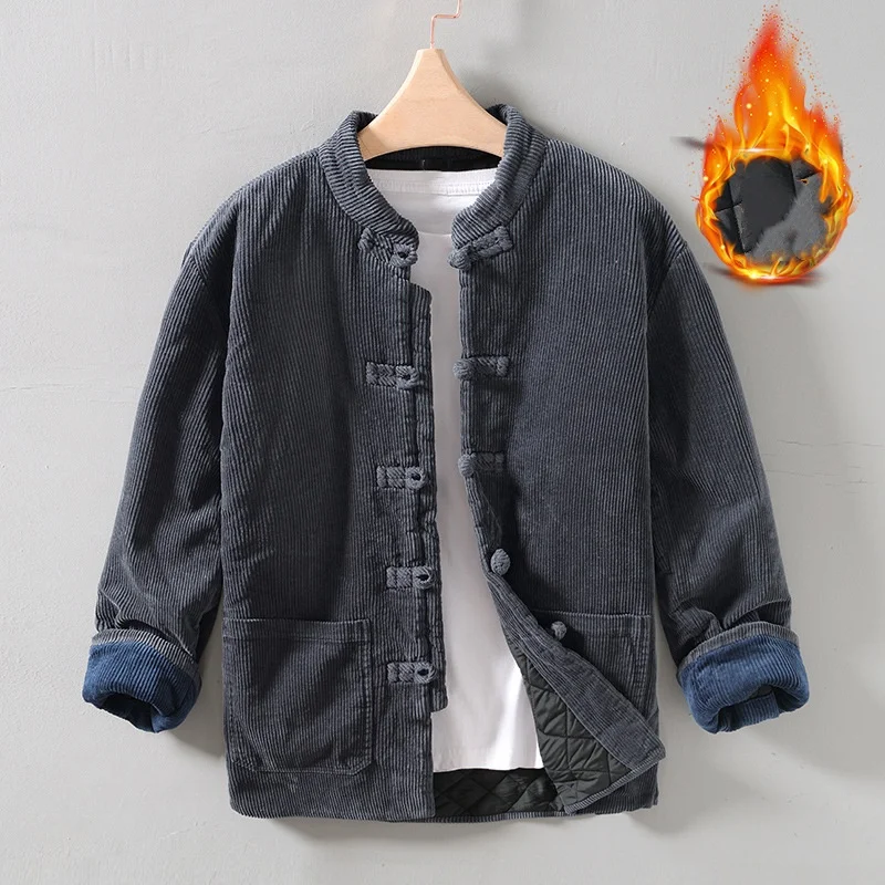 Winter Men's Traditional Chinese Warm Cotton Padded Jacket Long Sleeve Corduroy Tang Suit Stand-Up Collar Kung Fu Outerwear 3