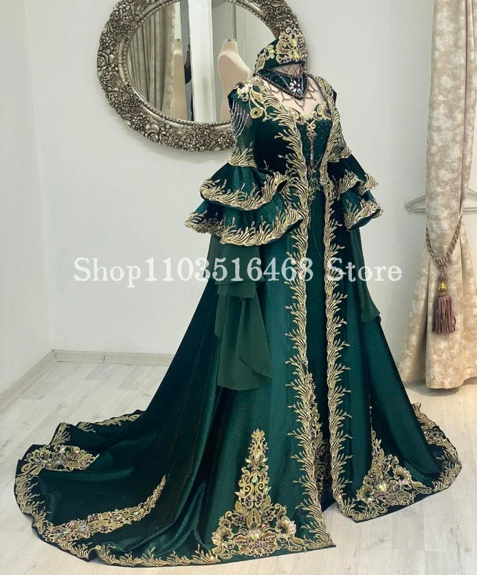 Vestidos de Noche de Oriente Medio verde esmeralda, apliques de lujo bordados con tapeta, manga larga, línea A, marca larga personalizada, Rob