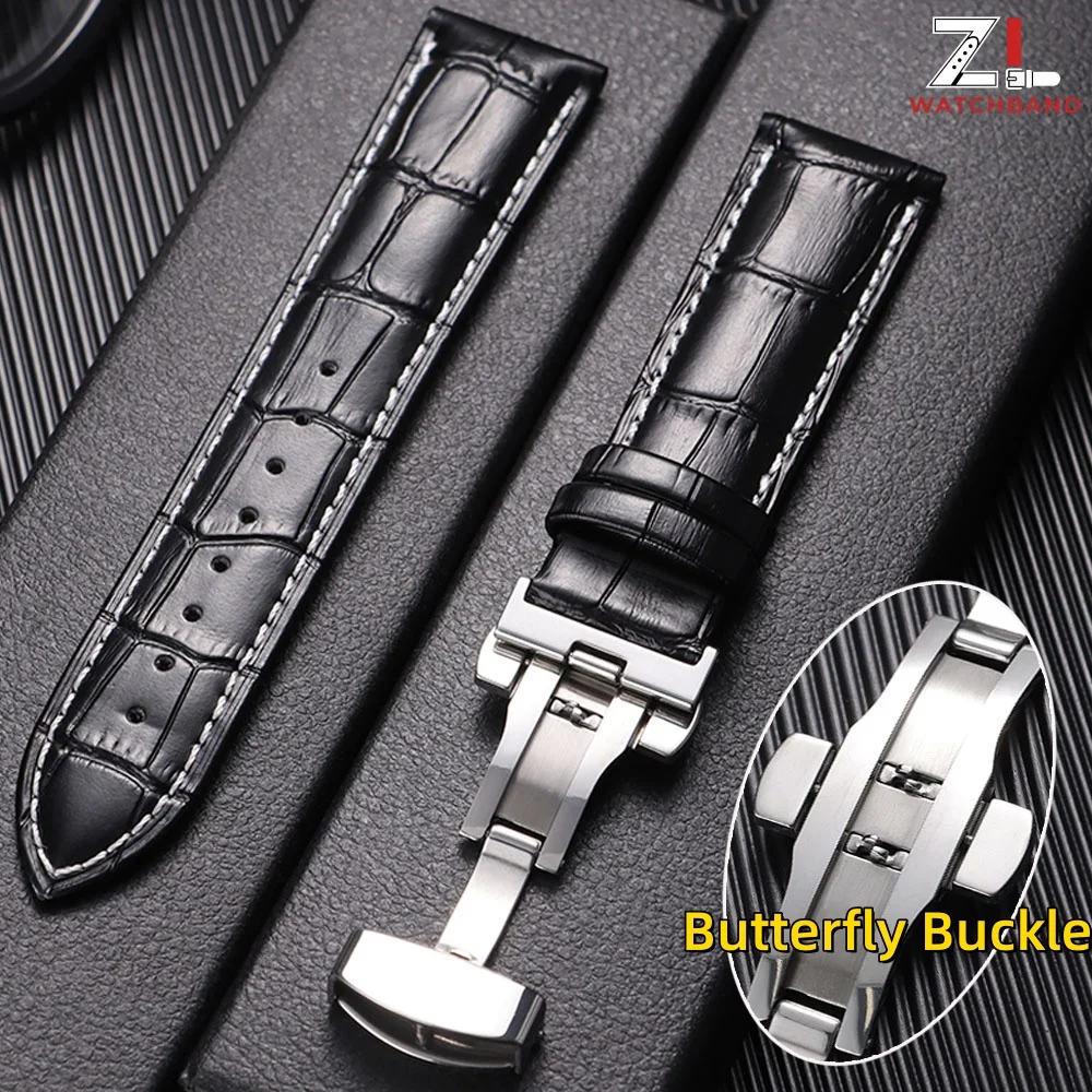 Luxurious Genuine Calfskin Leather Watchband with Butterfly Buckle Closure