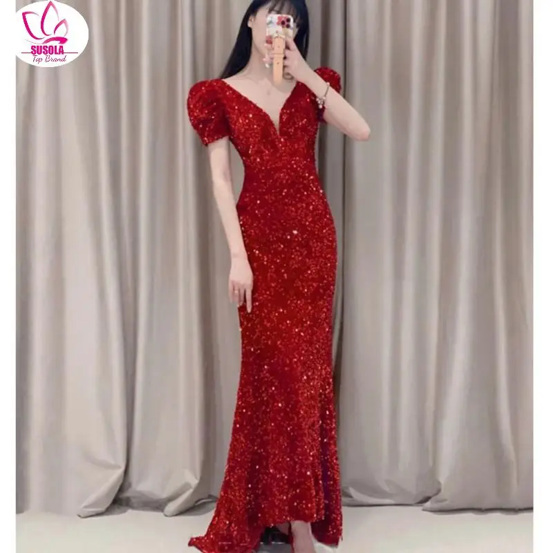 

South African Red V Neck Prom Dresses Ruched Cap Sleeve Mermaid Evening Gowns Sexy Side Split Sweep Train Formal Party Dress