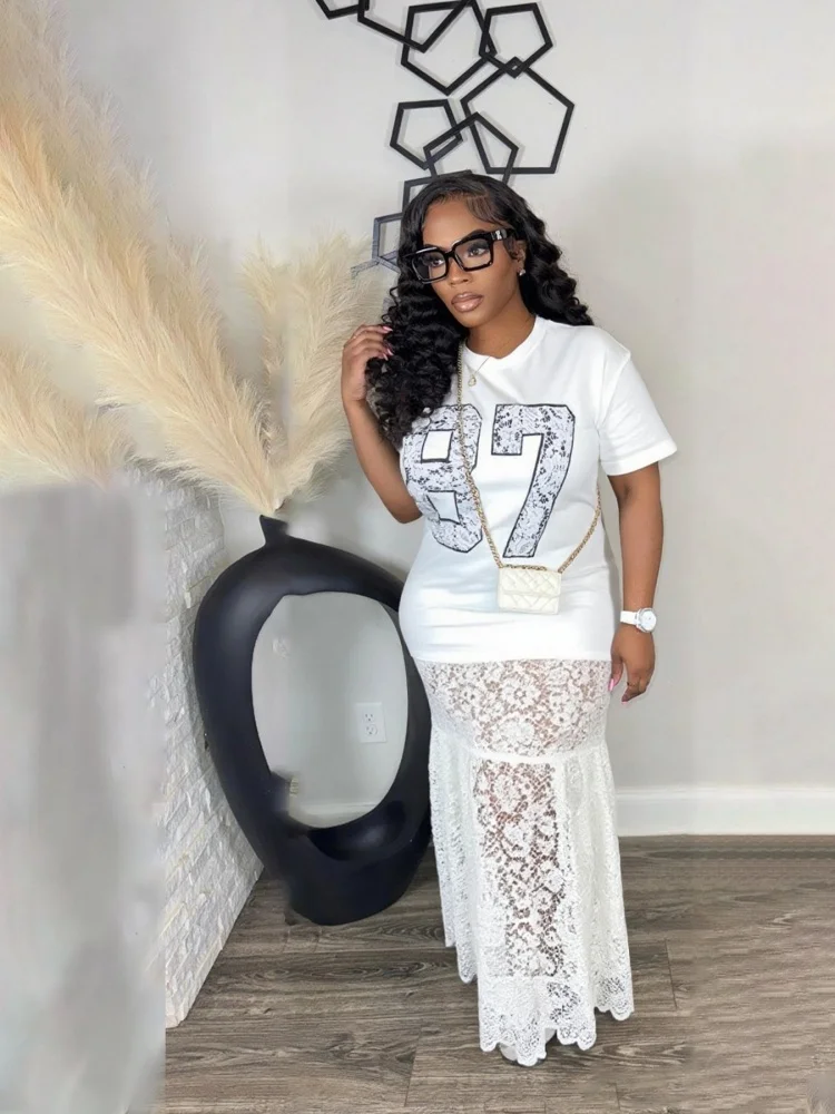 Wmstar 2025 new woman summer Sexy hot  suitable dress Lace dress letter print O neck Short sleeve long thin light dress