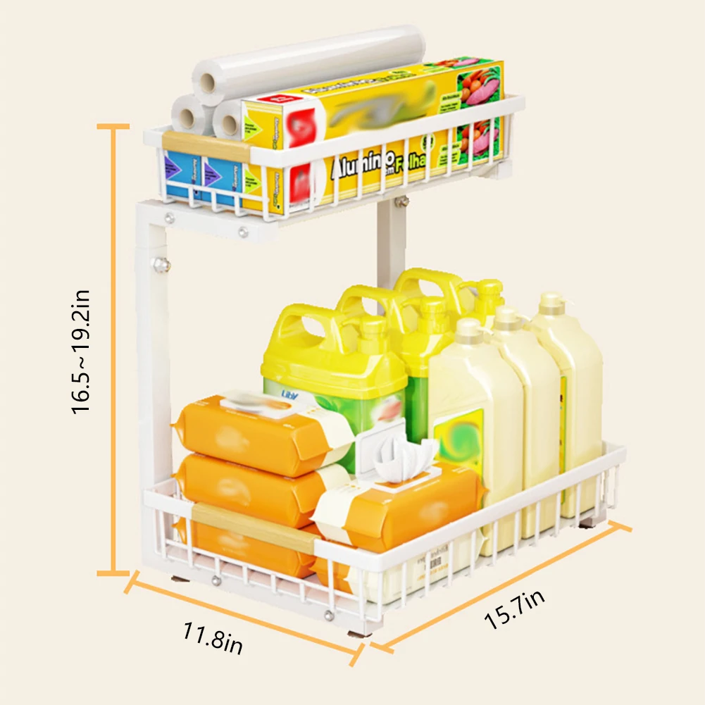 2-stufiger Organizer unter der Spüle, Schiebeschrank, Korb, Aufbewahrungsregal, ausziehbare Veredelung, Gewürze, Badezimmer, Küche, Organizer – Detail 4