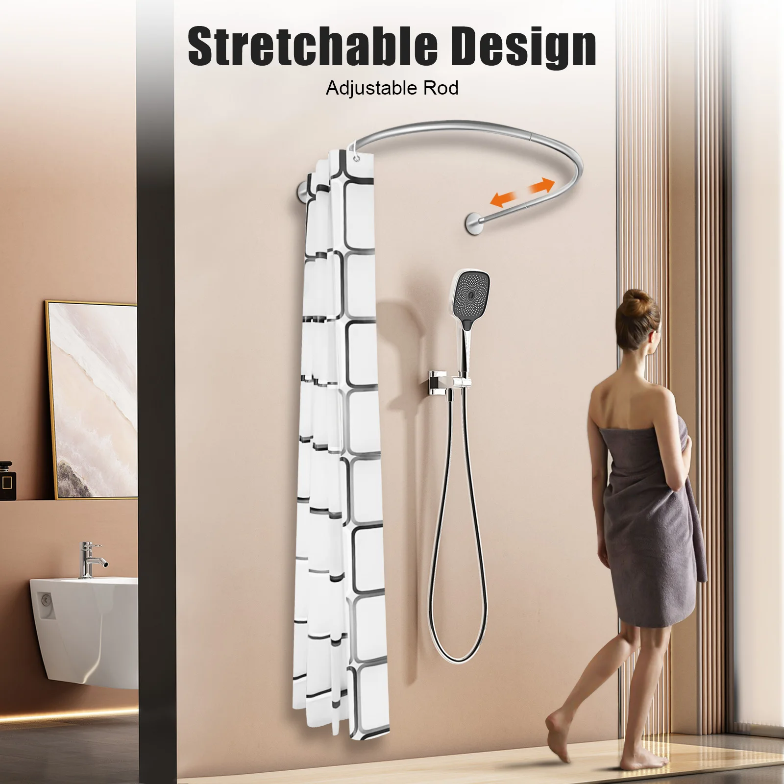 Shower Curtain Rod Set Extendable Curved Shower Curtain Rod U Shaped Punch-Free Bathroom Shower Curtain