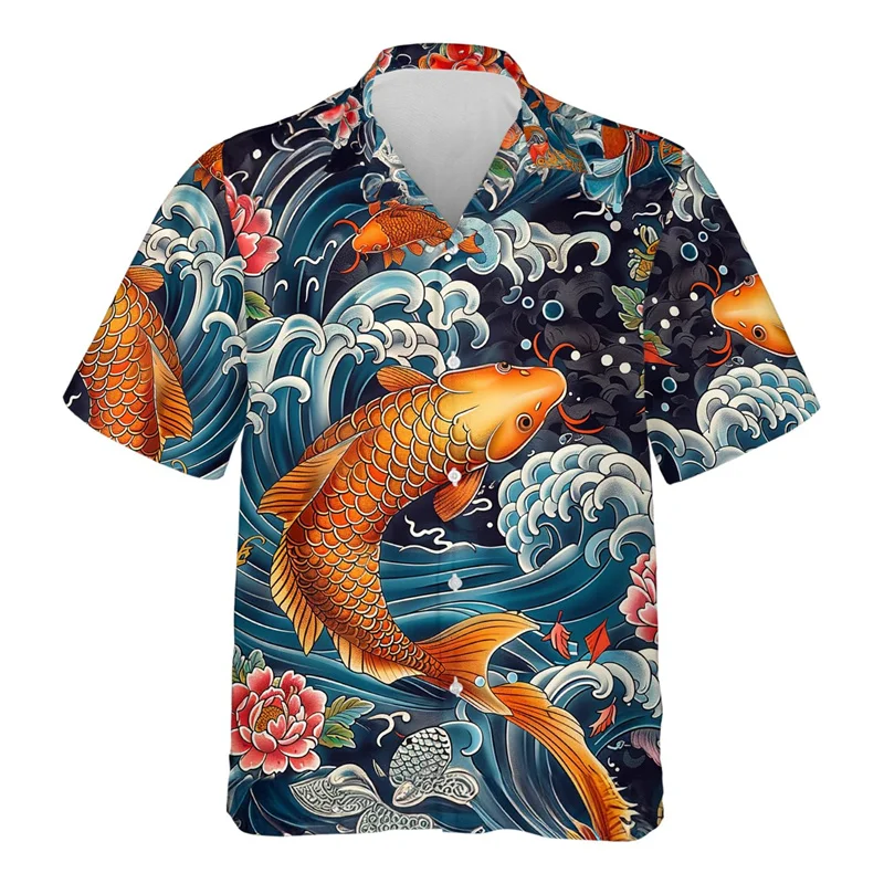 Camisa hawaiana con estampado 3D de peces koi para hombre, blusas con estampado de animales de buena suerte, camisas hawaianas de verano para la calle, blusas con solapa y mangas cortas