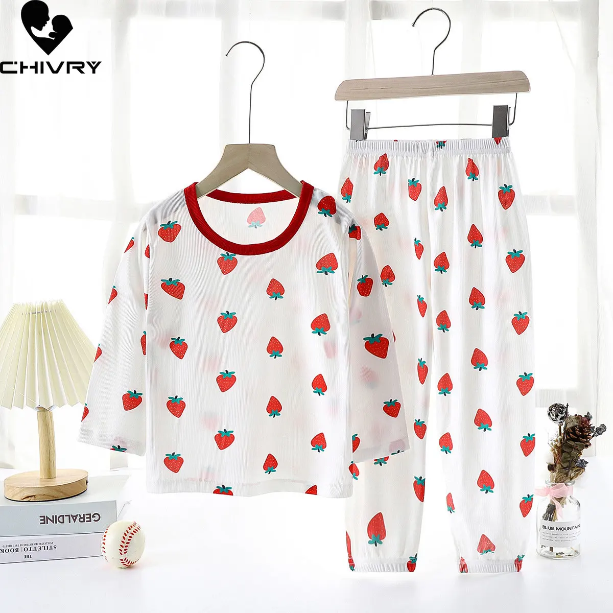 Kids Summer Thin Pajamas Sets New 2023 Boys Girls Ice Silk Cartoon Long Sleeve T Shirt Tops with Pants Baby Sleepwear Home Wear