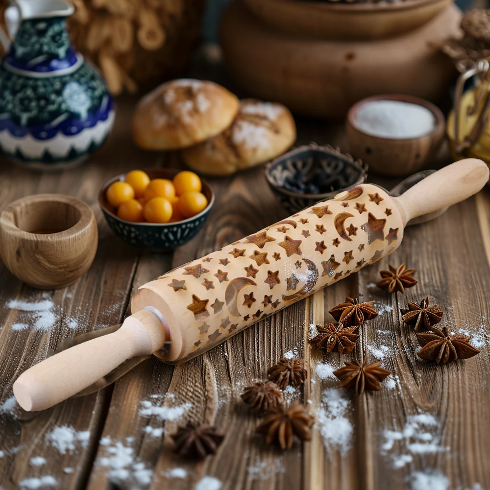 달과 별 나무 엠보싱 롤링 핀, Eid al-Adha Ramadan 베이킹 도구, 딥 인그레이빙 쿠키 스탬프 도구, 13.7 인치, 1 개
