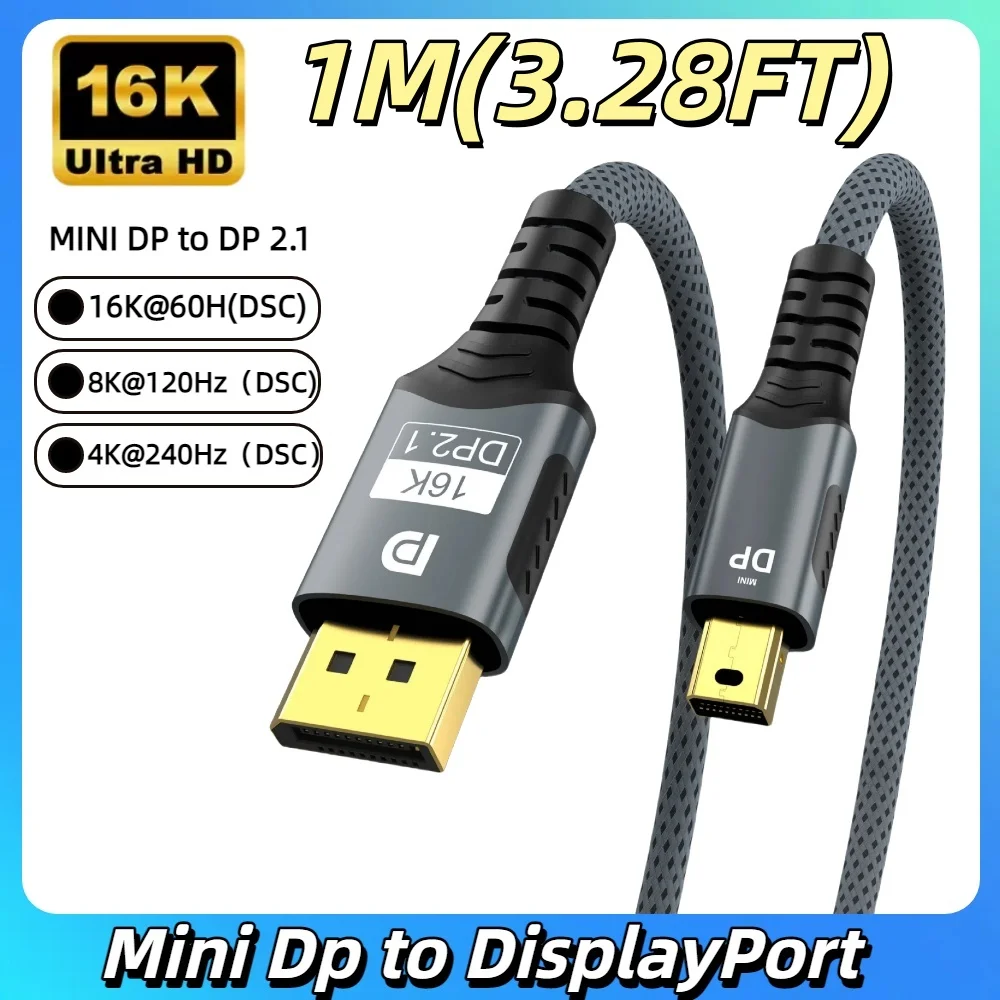 Câble Mini DP vers DisplayPort, câble de transmission bidirectionnel DP2.1, 16K@60Hz 8K@120Hz pour MacBook Air Monitor